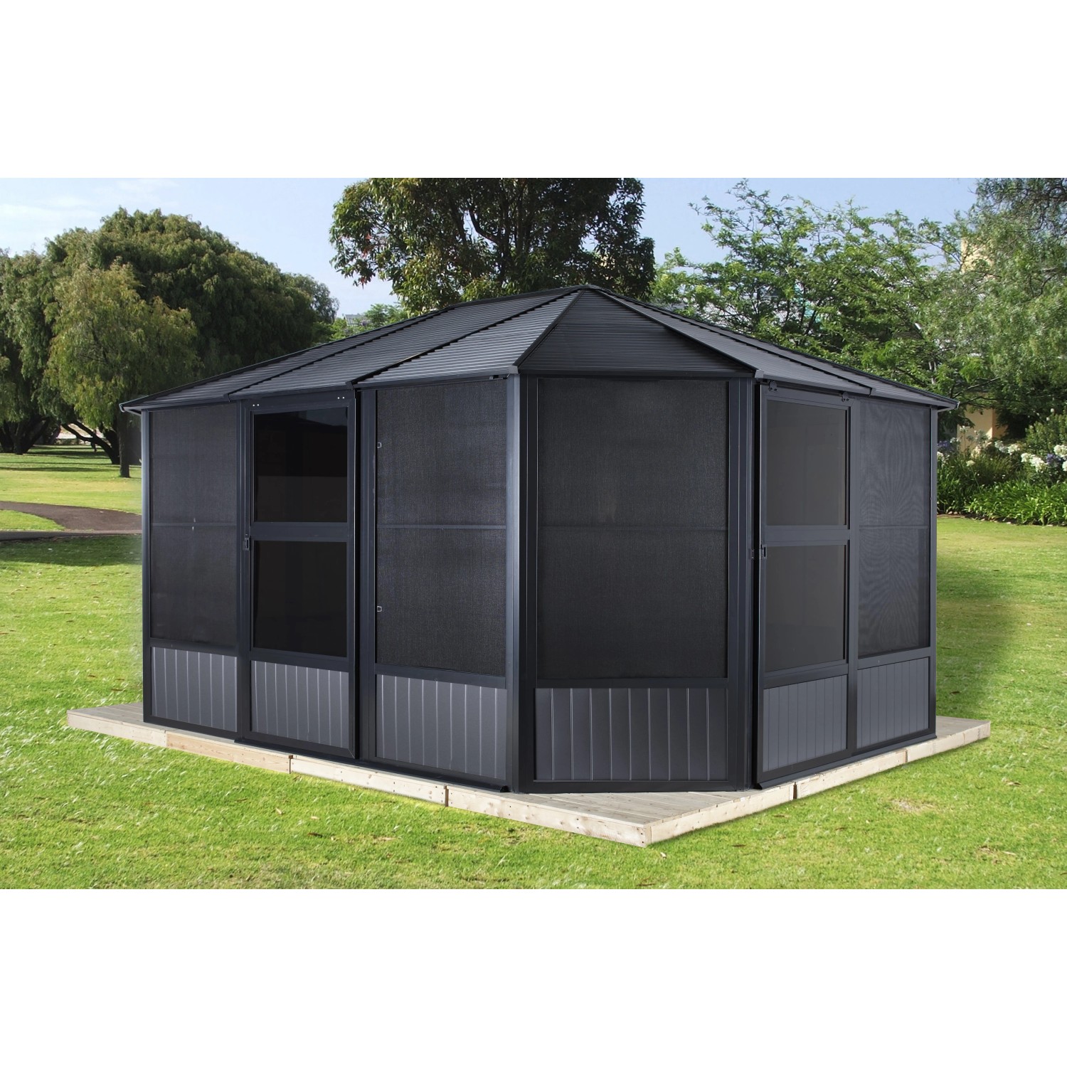 Sojag Pavillon Charleston 384x384 cm mit Stahl Dach und Moskitonetzen.