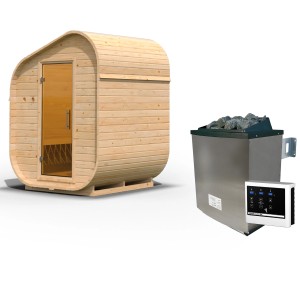 Karibu Fasssauna "Asymmetrisch 1" mit Ofen 9 kW Extern Naturbelassen