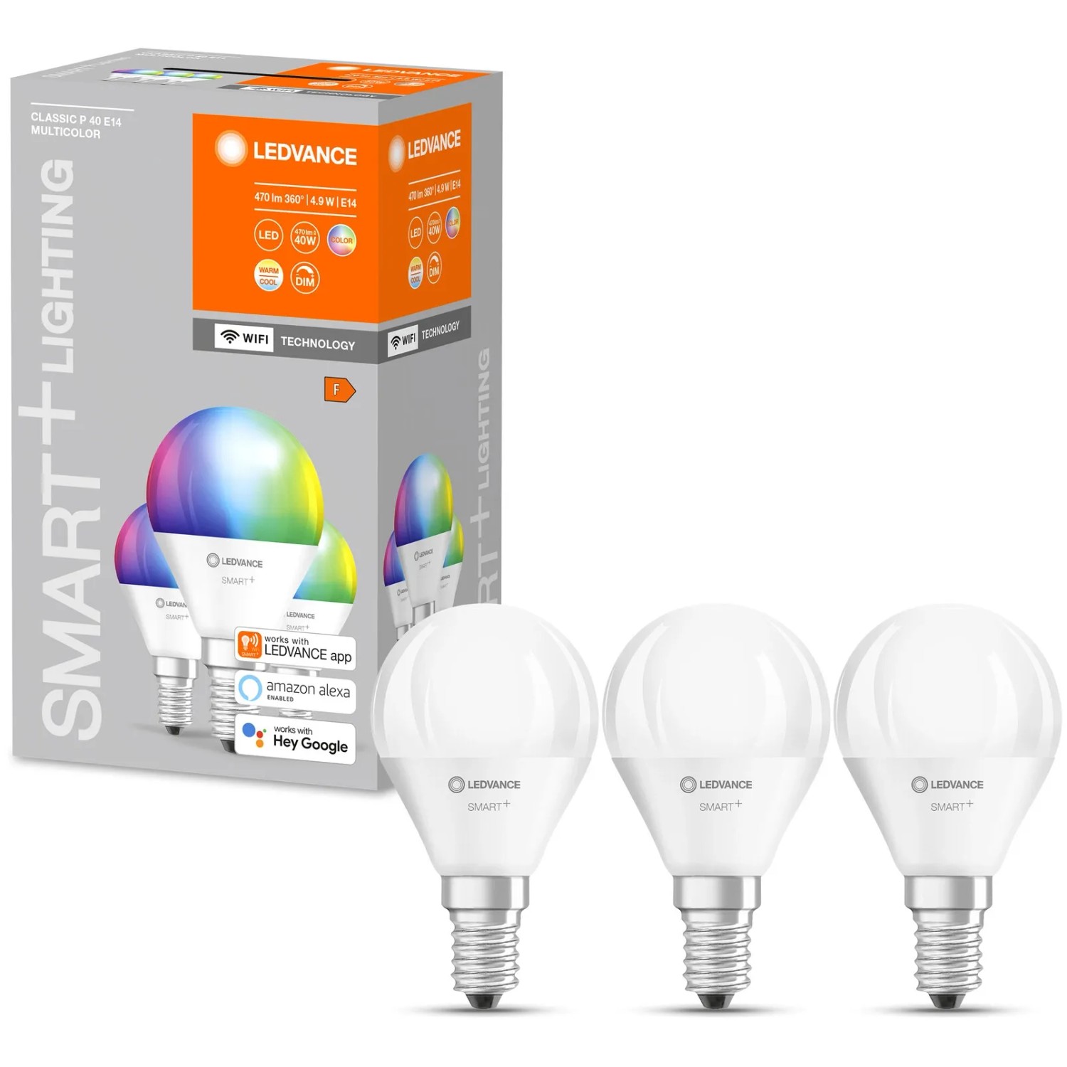 Ledvance Smart+ Leuchtmittel Wifi Mini RGBW E14, 4,9 W, Weiß, mit Verpackung und drei Leuchtmitteln.
