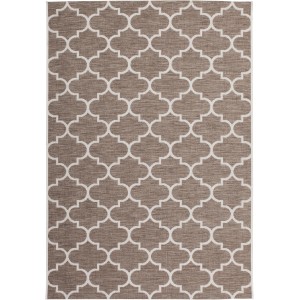 Beiger Outdoor-Teppich Algo 814, 200x290 cm, mit weißem marokkanischem Muster.