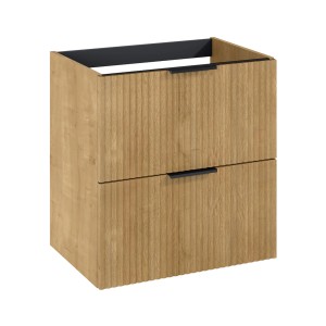 Roca Waschtischunterschrank Reef Basic, 60 cm, Hamilton Eiche mit 2 Schubladen und schwarzen Griffen.