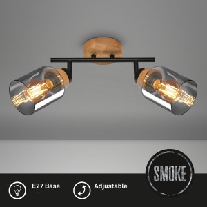 Brilo Deckenleuchte Hema mit zwei schwenkbaren Spots, Holzbasis und Rauchglas, E27 Fassung.