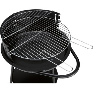 Schwarzer Holzkohle-Rundgrill mit Warmhalterost und Rollen, Grillfläche Ø 48 cm.