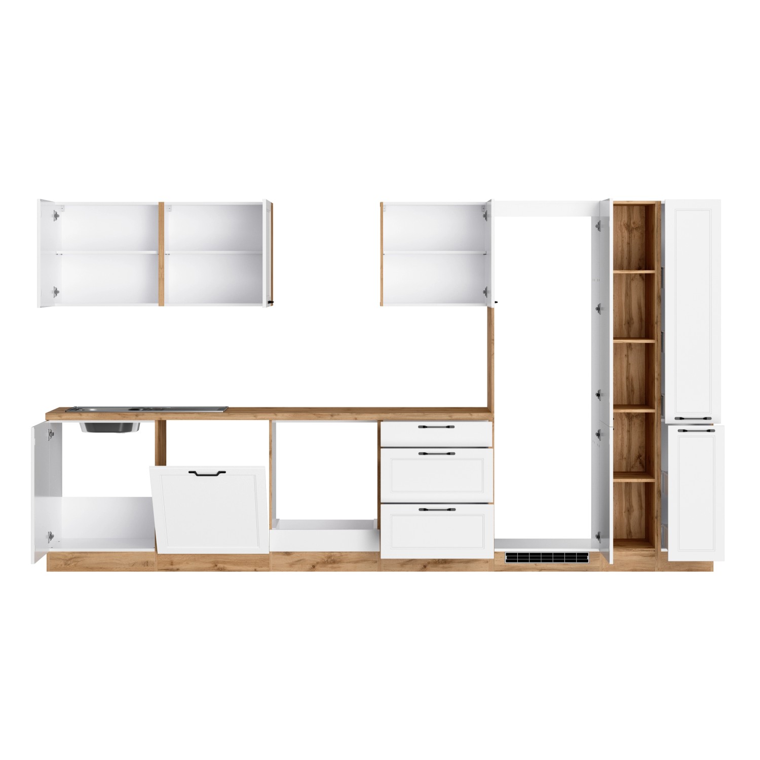 Küchenzeile Kempten 360 cm in Wotan Eiche/Weiß ohne E-Geräte.