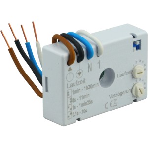 Graues Unterputz Nachlaufrelais IP20 für Verteiler-Zubehör mit farbigen Anschlusskabeln.