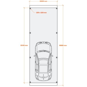 Skizze Einzelcarport Ralf, 300x868cm, graubraun, mit Auto. Abmessungen und Pfostenstärke sichtbar.
