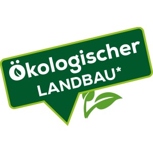 Symbol für ökologischen Landbau, grüne Sprechblase mit Blattsymbol.