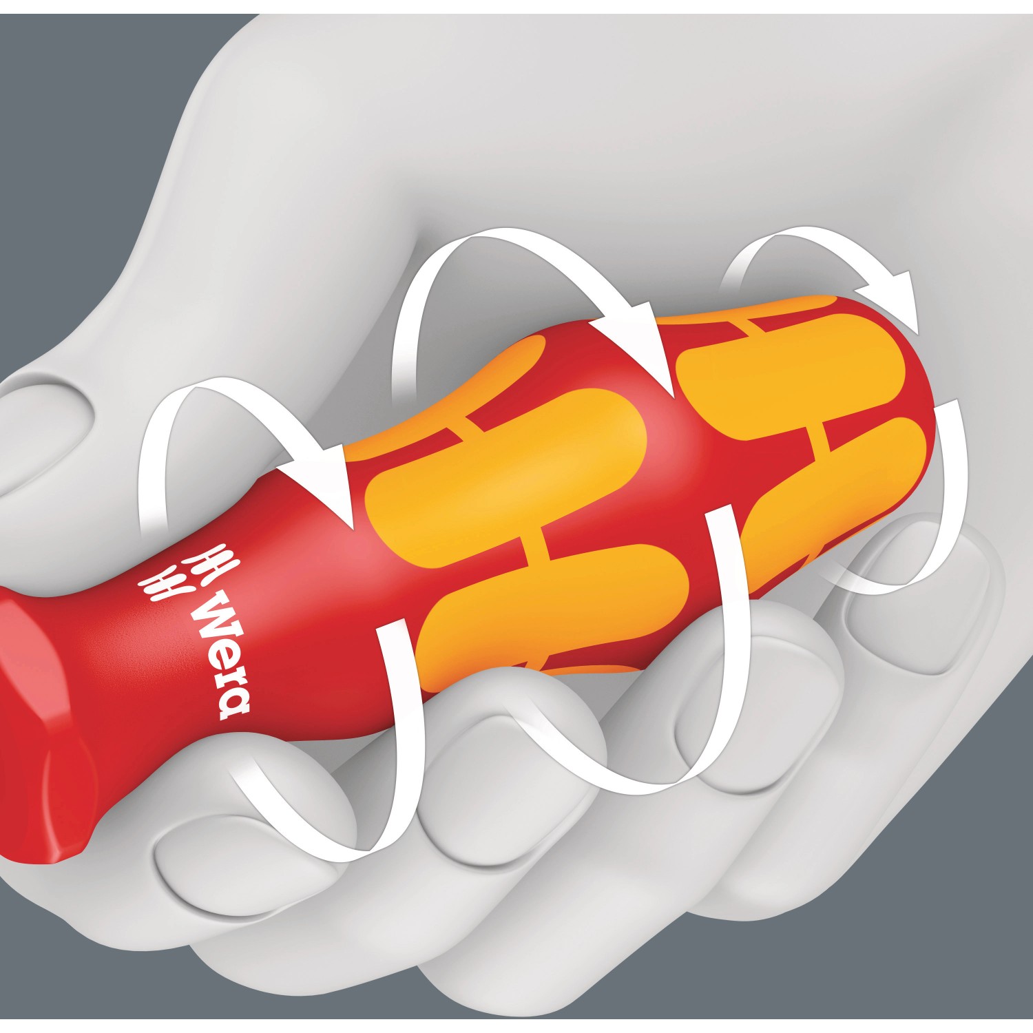 Wera isolierter Kreuzschlitz-Schraubendreher PH2, roter Griff mit gelben Zonen, gehalten von einer Hand.