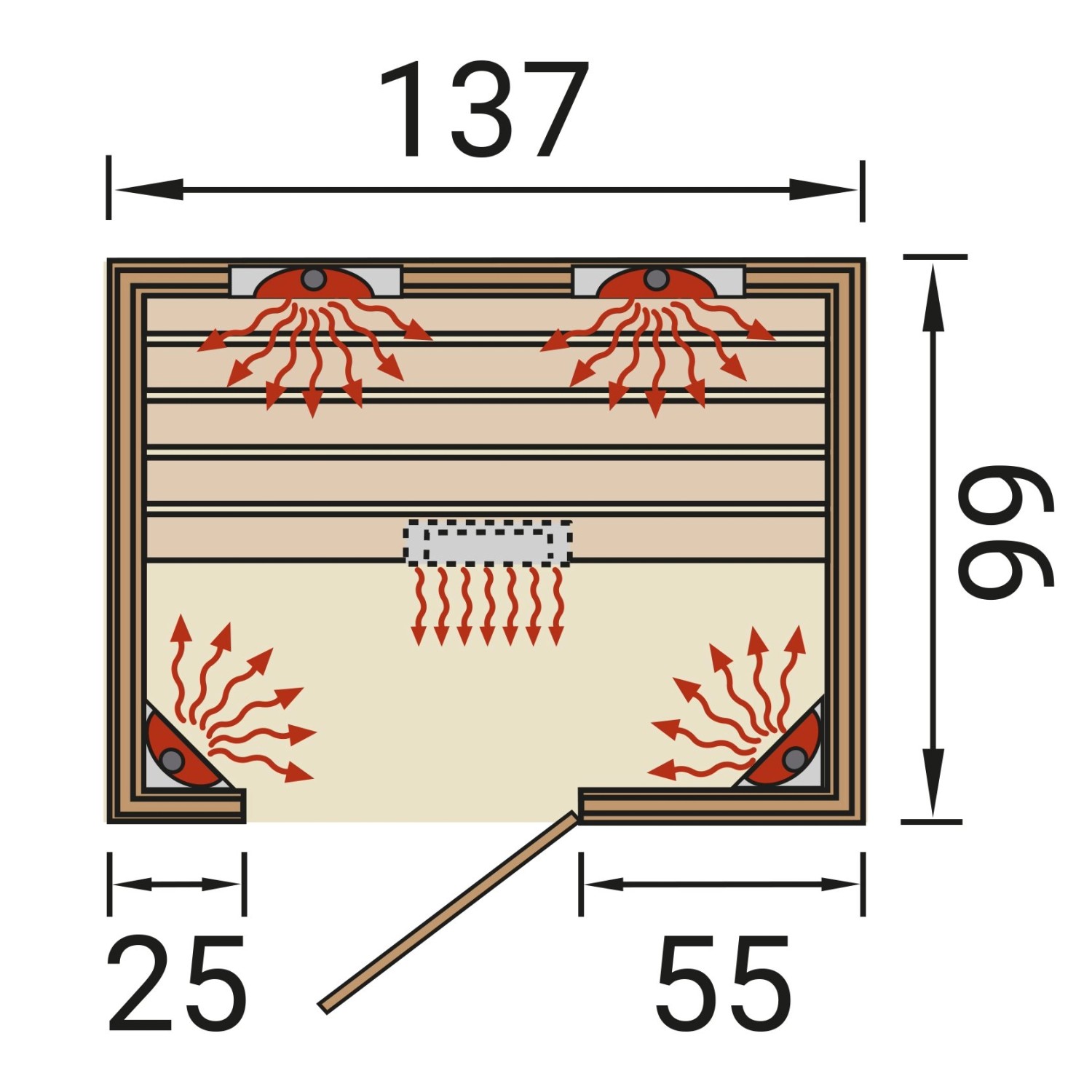 Skizze der Weka Infrarotkabine Tanilla 2 mit Maßen und Position der Linienstrahler.