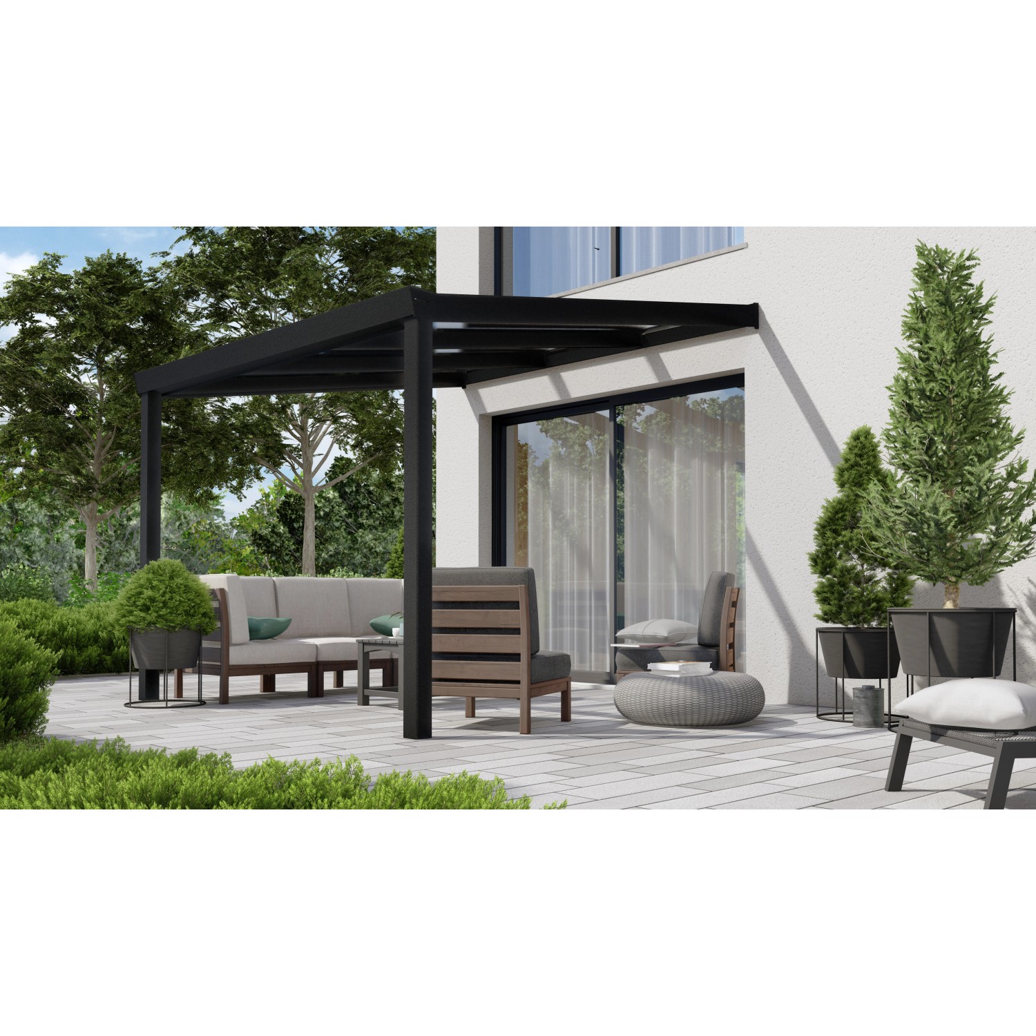 Schwarze Terrassenüberdachung Professional (300x350 cm) mit klarer Polycarbonat-Platte.