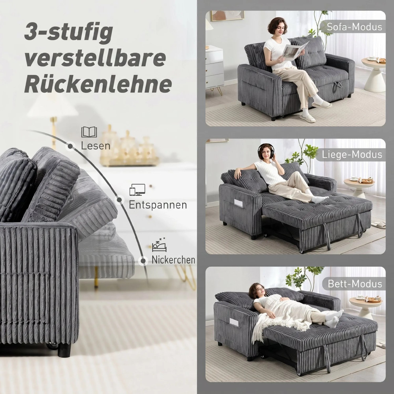 Dunkelgraues HOMCOM Schlafsofa aus Cordstoff, 3-fach verstellbar als Sofa, Liege und Bett.