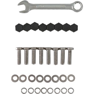 Montage-Set für Gartentisch Harris: Schrauben, Unterlegscheiben, Kappen und Schraubenschlüssel.