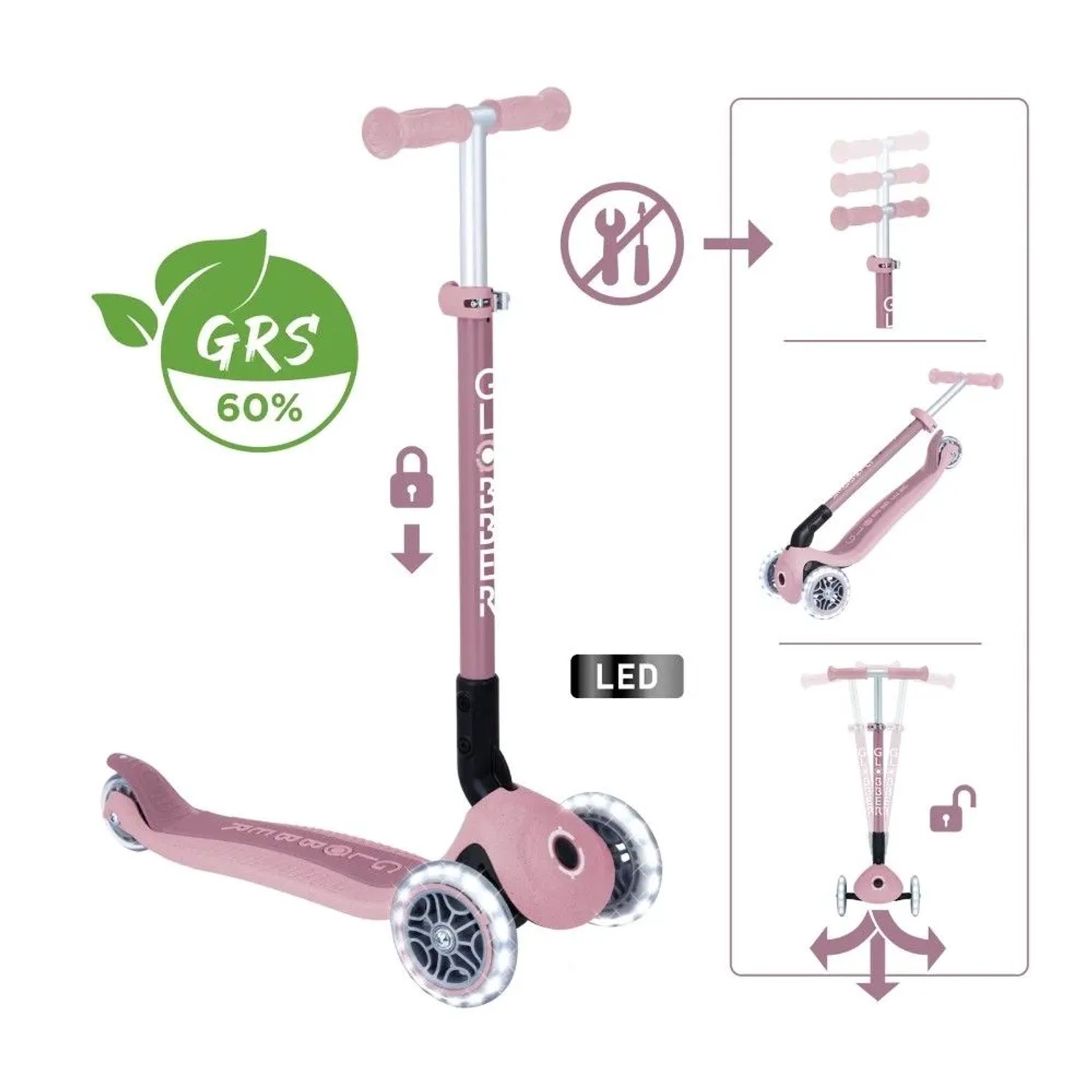 Beerenfarbener Globber Primo Foldable Lights Eco Tretroller mit 3 LED-Rädern, klappbar und höhenverstellbar für Kinder.