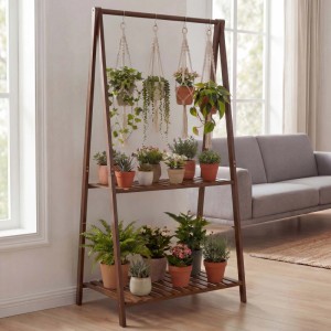 Braunes Bambus Pflanzenregal mit 2 Ablagen und Stange für Hängepflanzen, 130x70x44cm.