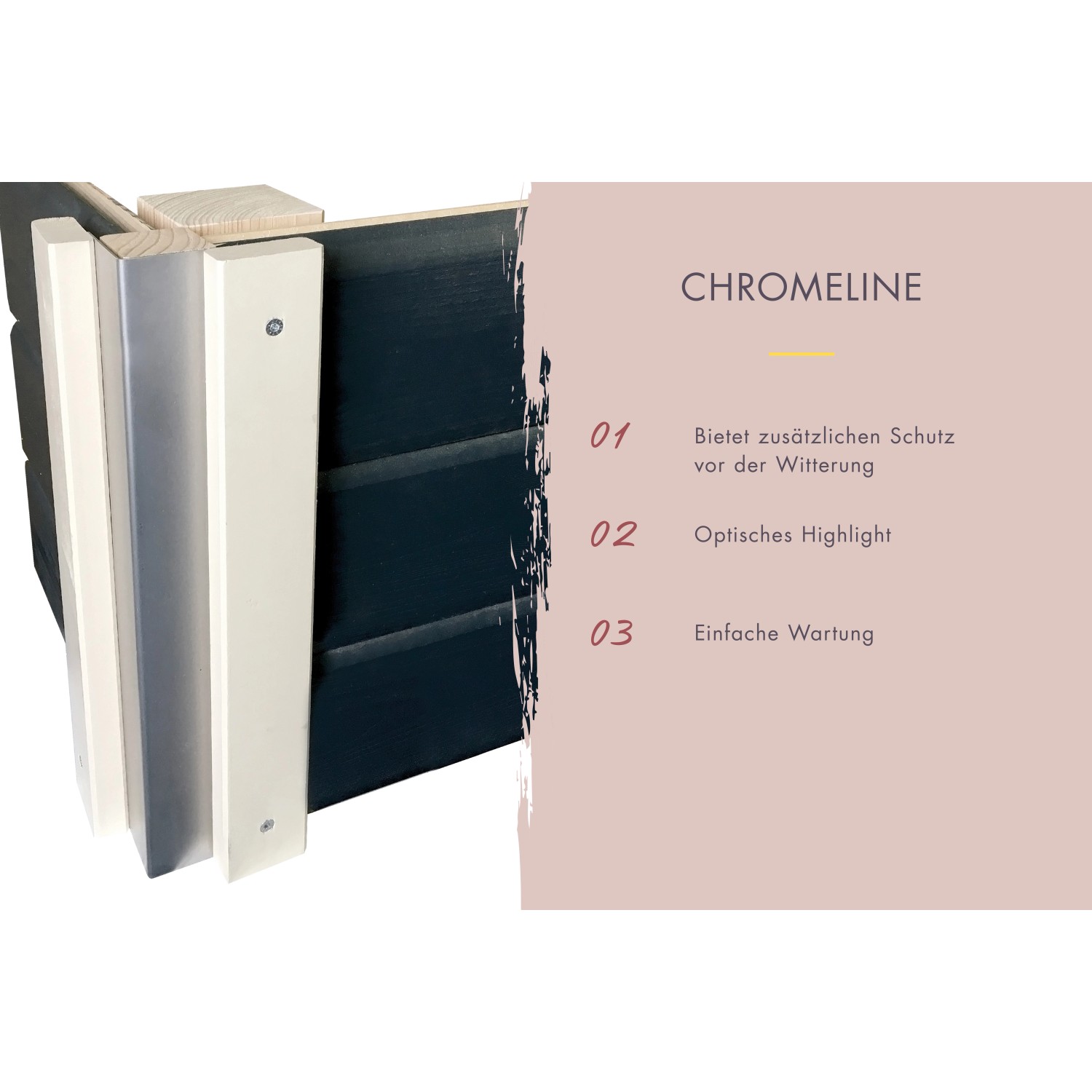 Detailaufnahme Karibu Saunahaus Hendrik 3: Chromeline-Eckverbindung für Wetterschutz und einfache Wartung.