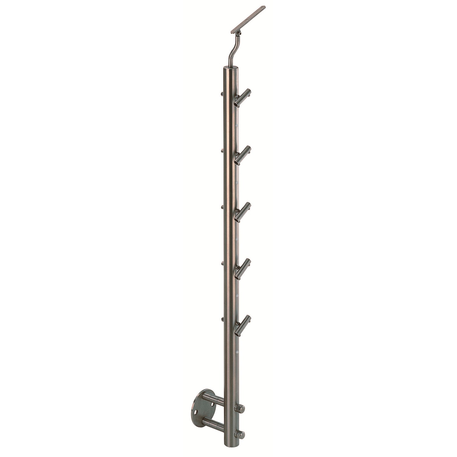 Geländerstütze aus Edelstahl V2A, 100 cm hoch, mit 5 Rundstabhaltern für Treppen und Geländer.