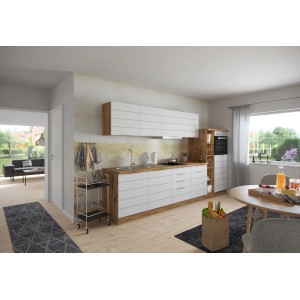 Moderne Held Möbel Küchenzeile 330 cm in Matt Weiß und Wotaneiche mit E-Geräten.