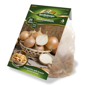 Quedlinburger Steckzwiebel Gelb Früh 'Contado', gelb-braune Speisezwiebel im Beutel.