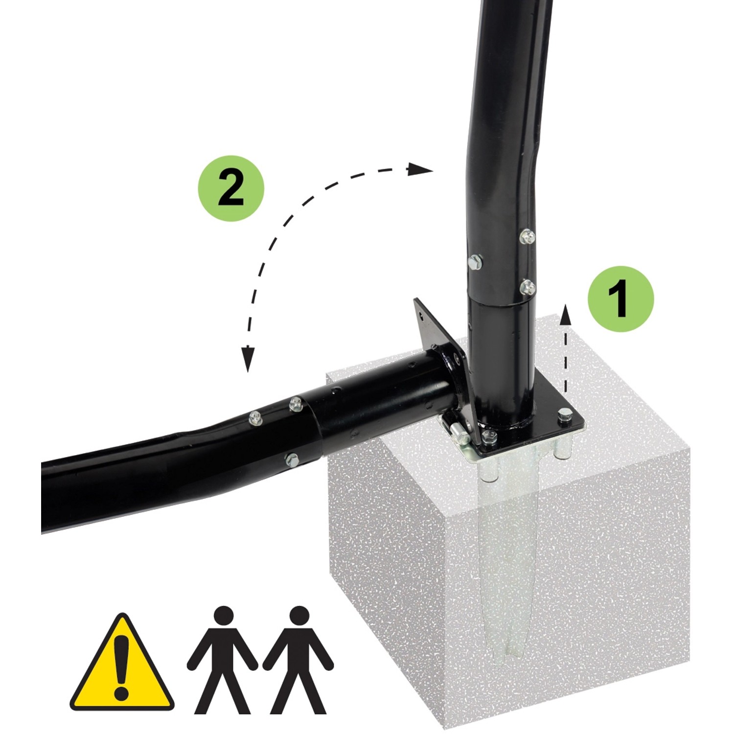 Detailaufnahme Bodenmontage des schwarzen EXIT Galaxy Basketballkorbs mit Dunkring.