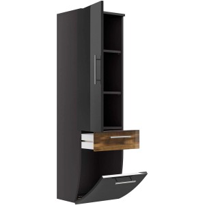 Posseik Bad-Hochschrank Salona, anthrazit, mit offener Tür, Schublade und Klappe.