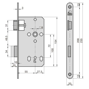 Technische Zeichnung: Basi Zimmertürschloss ES 927 BB DIN Links, Maße und Details des Einsteckschlosses.