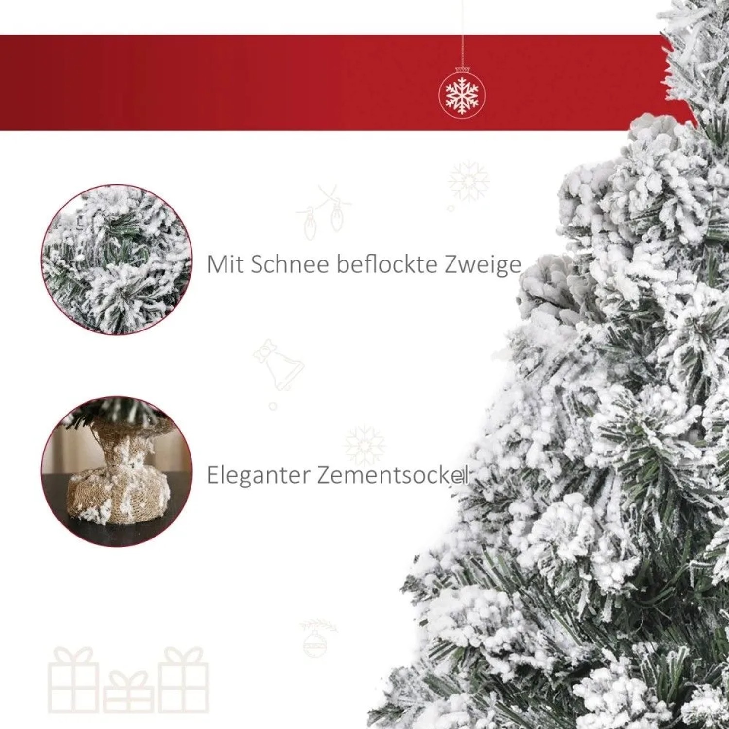 Nahaufnahme eines 60cm HOMCOM Weihnachtsbaums mit schneebeflockten grünen Zweigen und Jute-Sockel. Weihnachtsdekoration.