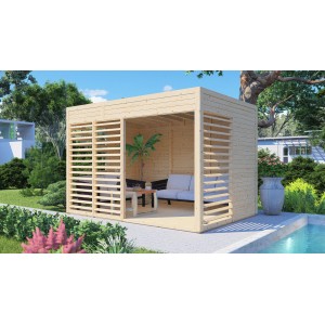 Bertilo Pavillon Garten-Lounge 2 Natur, 234x337 cm, mit Lamellenwand und Sitzgruppe im Garten.