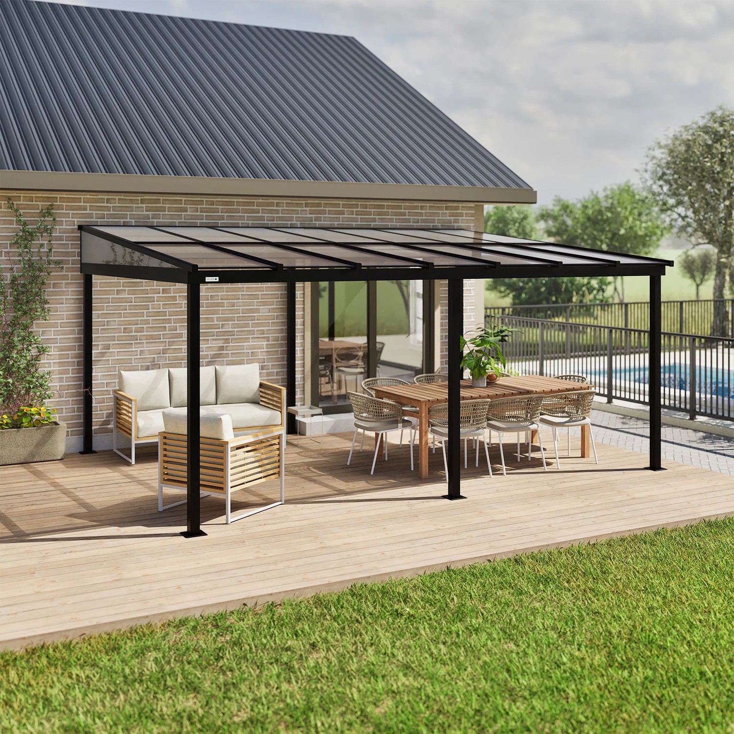 Sojag Terrassenüberdachung St. Barth, anthrazit, 363x484cm, mit Möbeln auf Terrasse.