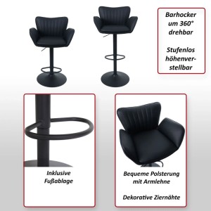 2er Set Barhocker M67, drehbar, mit Armlehne, Fußablage, Kunstleder, schwarz