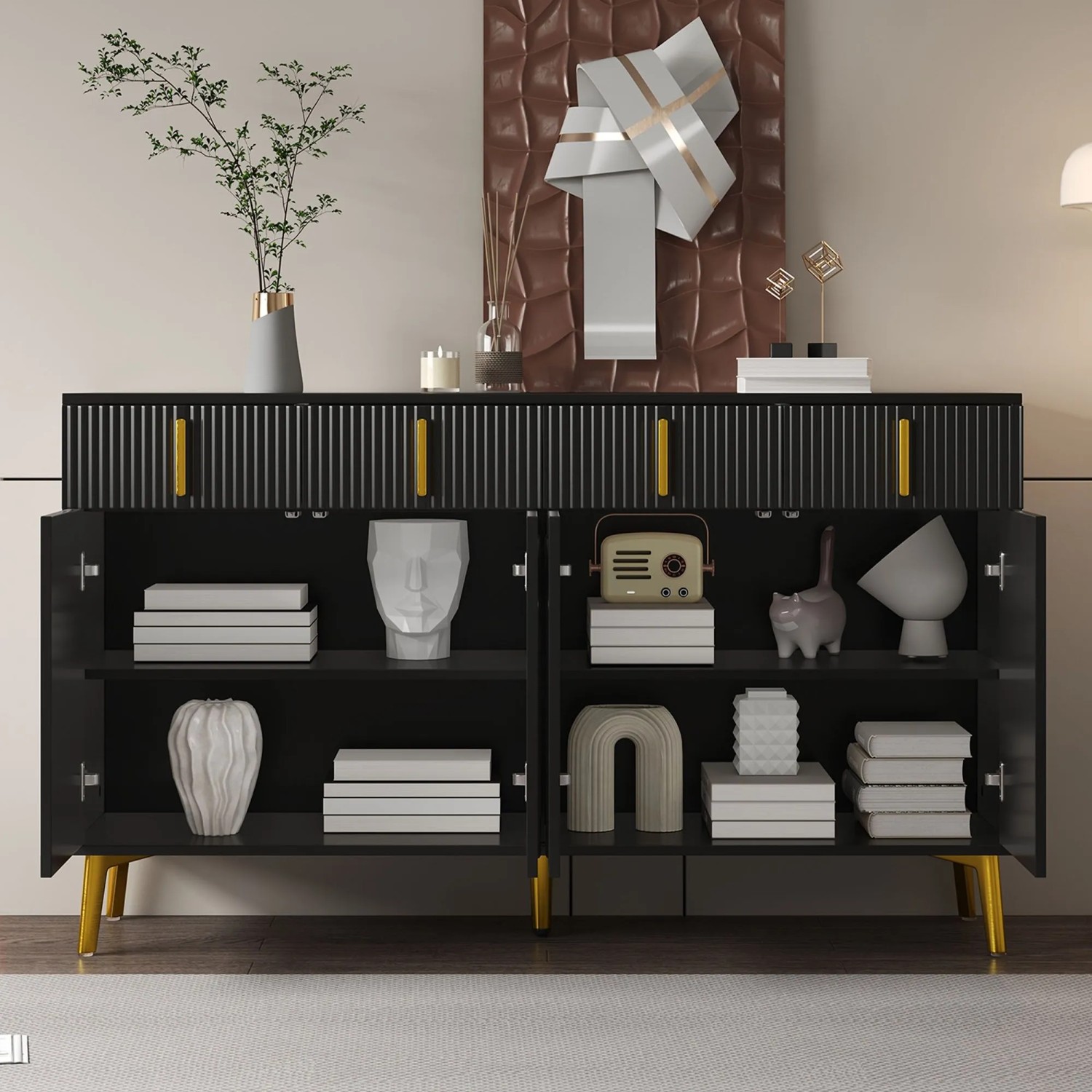 okwish Sideboard mit 4 Türen 4 Schubladen Goldgriffen Wohnzimmer Esszimmer 140x38x82cm Schwarz_3