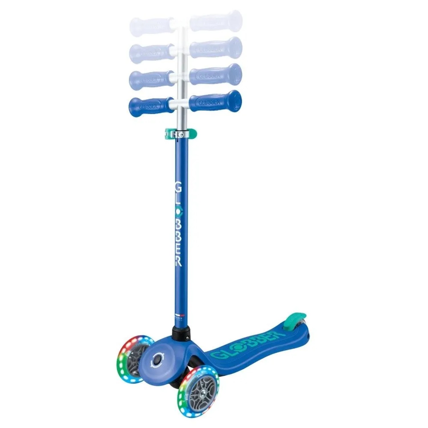 Blauer Globber Primo Plus Lights Kinderscooter mit 3 Rädern, höhenverstellbarer Lenkstange und leuchtenden LED-Rollen.