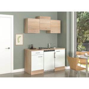 Flex-Well Singleküche Florida, 150 cm, Weiß/Sonoma Eiche, mit Kühlgerät und Kochfeld.