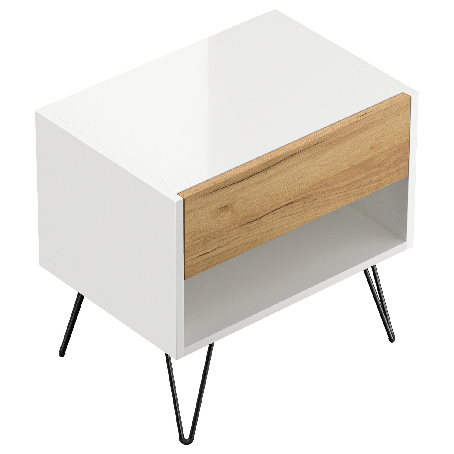 Posseik Nachttisch-Set Industrial B, 2-teilig, weiß/Eiche, mit Metallfüßen.