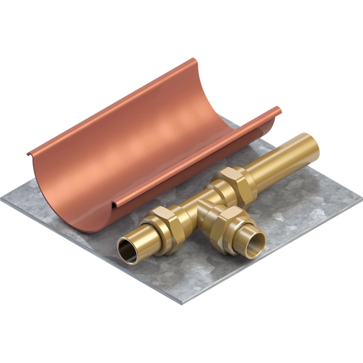 Dachrinnenset: Kupferfarbene Rinne, T-Stück aus Messing und verzinktes Blech.