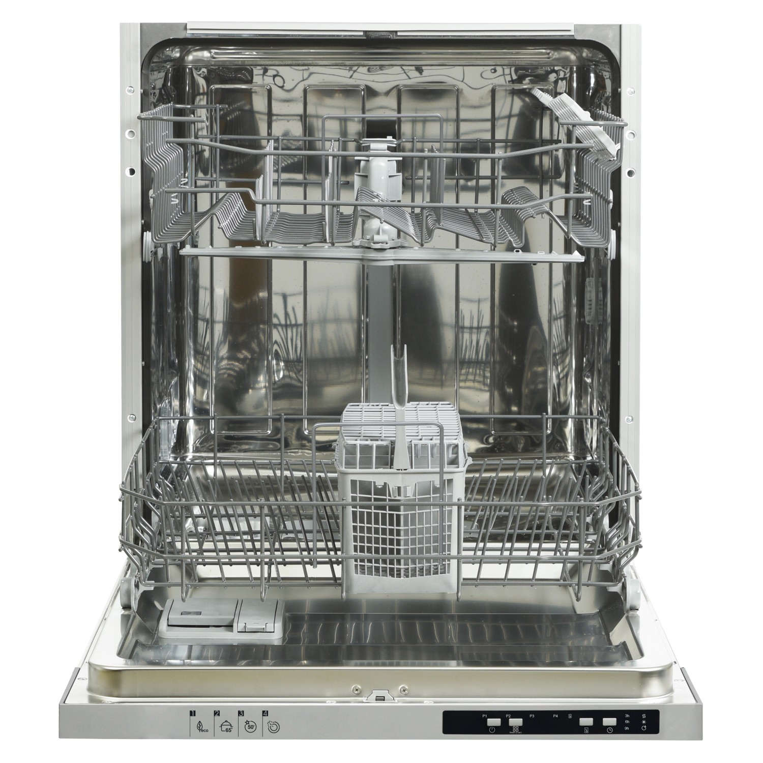 Offener, vollintegrierter Geschirrspüler der Flex-Well Classic Küchenzeile Wito, Innenraum leer.
