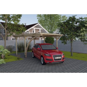 Weka Einzelcarport 606 A mit Rundbogen, 300x500 cm, mit rotem Auto darunter.