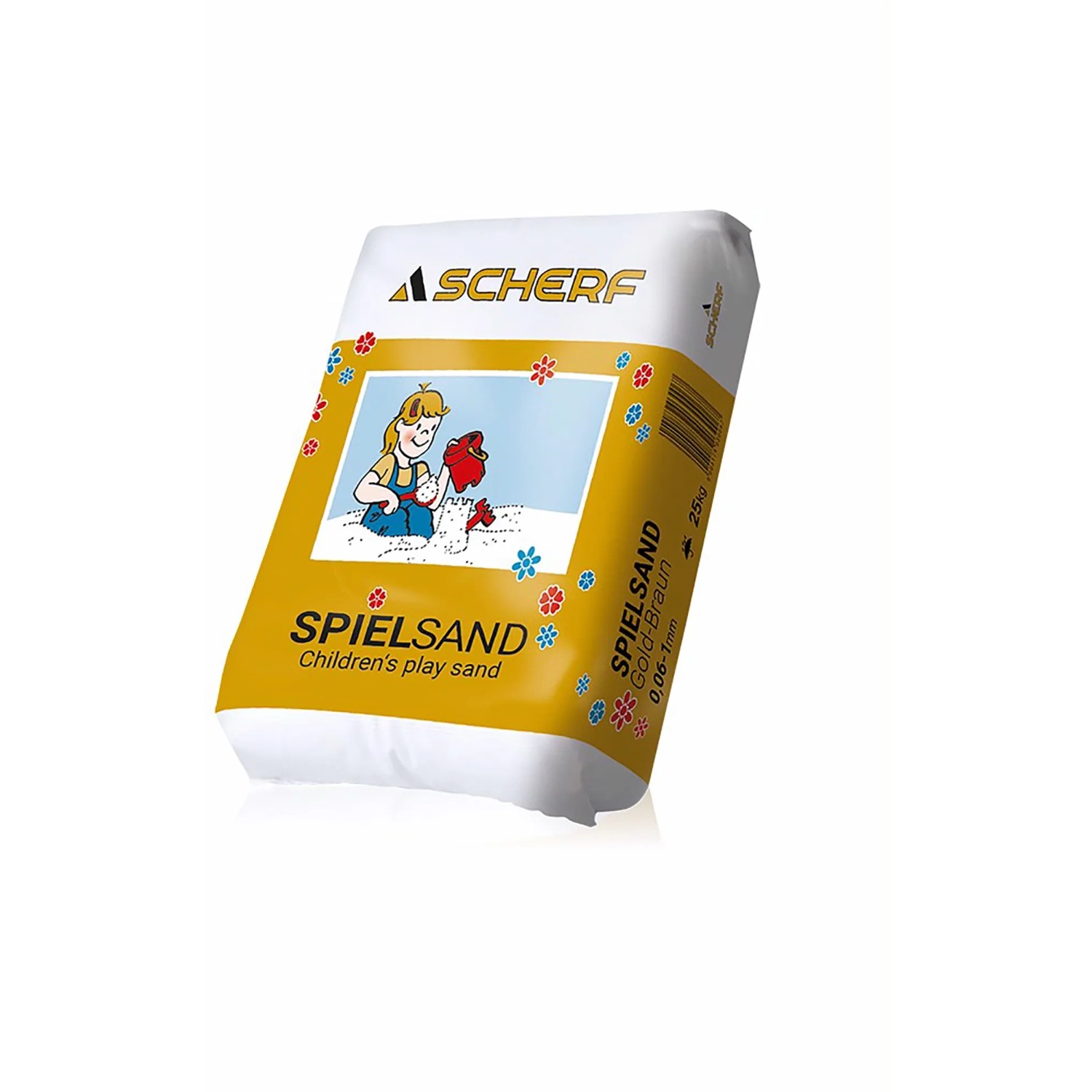 25 kg Sack Spielsand, Gold-Braun, Körnung 0,06-1 mm, mit kindgerechter Illustration.