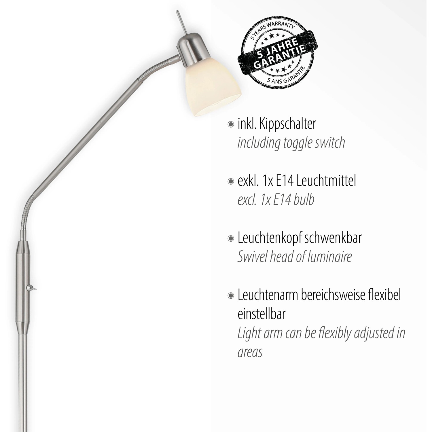 Stahlfarbene Design-Stehlampe Karo: flexible Leuchte mit Opalglas für Wohnbereich.
