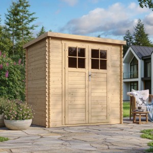 Timbela Holz-Gartenhaus M311F+M311G mit Boden, naturbelassen, mit Doppeltür und Fenstern.