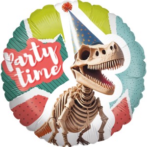 Bunter, runder Folienballon mit Dino-Skelett und Partyhut, Ø 45 cm.