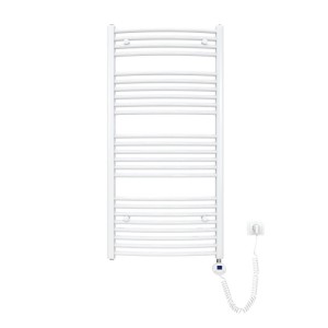 Weißer, gebogener Emke Elektro-Badheizkörper 120x50cm mit Thermostat und Heizstab. Handtuchtrockner.