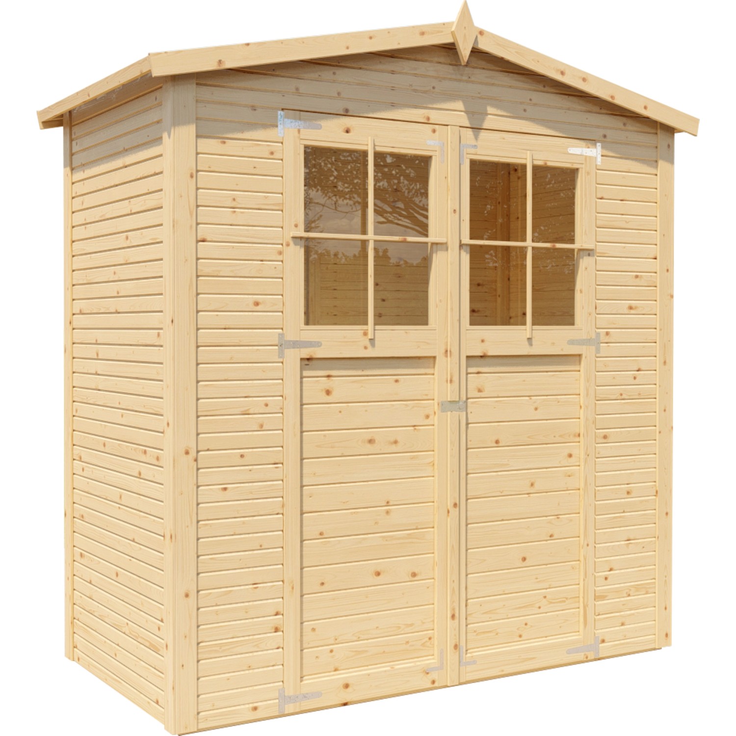 Bertilo Gerätehaus aus Holz, naturbelassen, mit Doppeltür und Plexiglasfenstern.