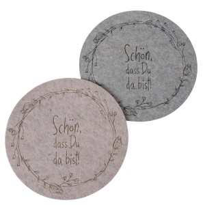 Boltze Home Tischsets Bloma, Ø 38 cm, aus Filz mit Schriftzug und floralem Dekor in Beige und Grau.
