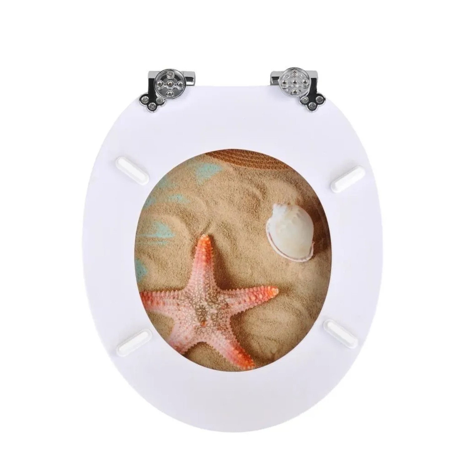 Sinobath WC-Sitz oval, weiß, mit Strandmotiv: Seestern, Sand, Muschel. Absenkautomatik.