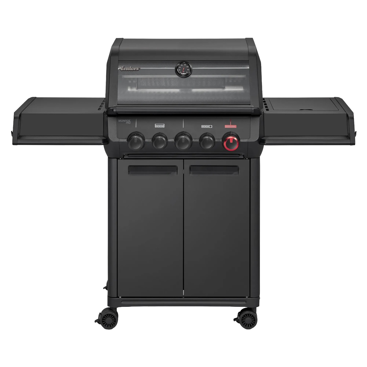 Enders Gasgrill Monroe Pro 3 SIKR Turbo Shadow, schwarzer Grill mit Seitenkocher und Unterschrank.