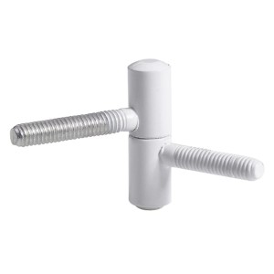 Zwei weiße Einbohrbänder, Ø 10 mm, aus Stahl für Möbel und Fenster.