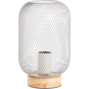 Helle Brilliant Design-Tischleuchte Giada mit Metallgitter und Holzfuß.