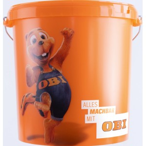 Orangefarbener OBI Eimer (32 l) mit Biber-Motiv und Stahlbügel.