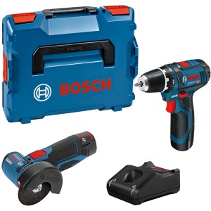 Bosch Professional Combo Set mit Akku-Bohrschrauber, Winkelschleifer, Akkus, Ladegerät und L-Boxx.