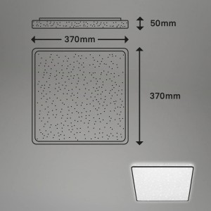 Abbildung der Brilo LED-Deckenleuchte Lino Schwarz 24 W mit Maßangaben (37x37x5,5cm) und Sternenhimmel-Effekt.